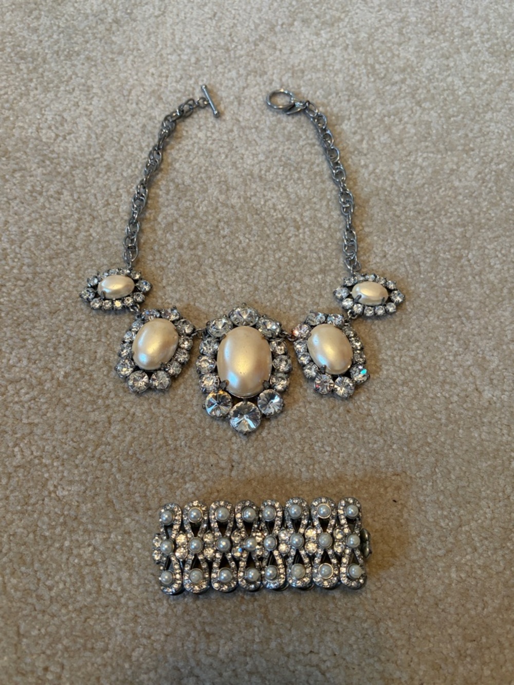 Statement Pearl and Crystal Silver-Tone Necklace and Bracelet Set